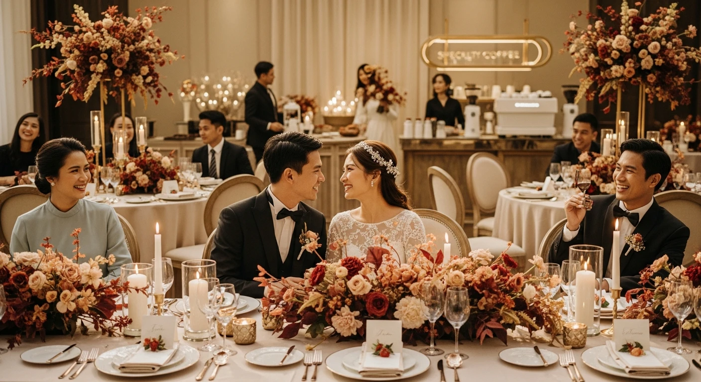 suasana resepsi pernikahan romantis bersama nendia primarasa catering jakarta (ilustrasi AI)