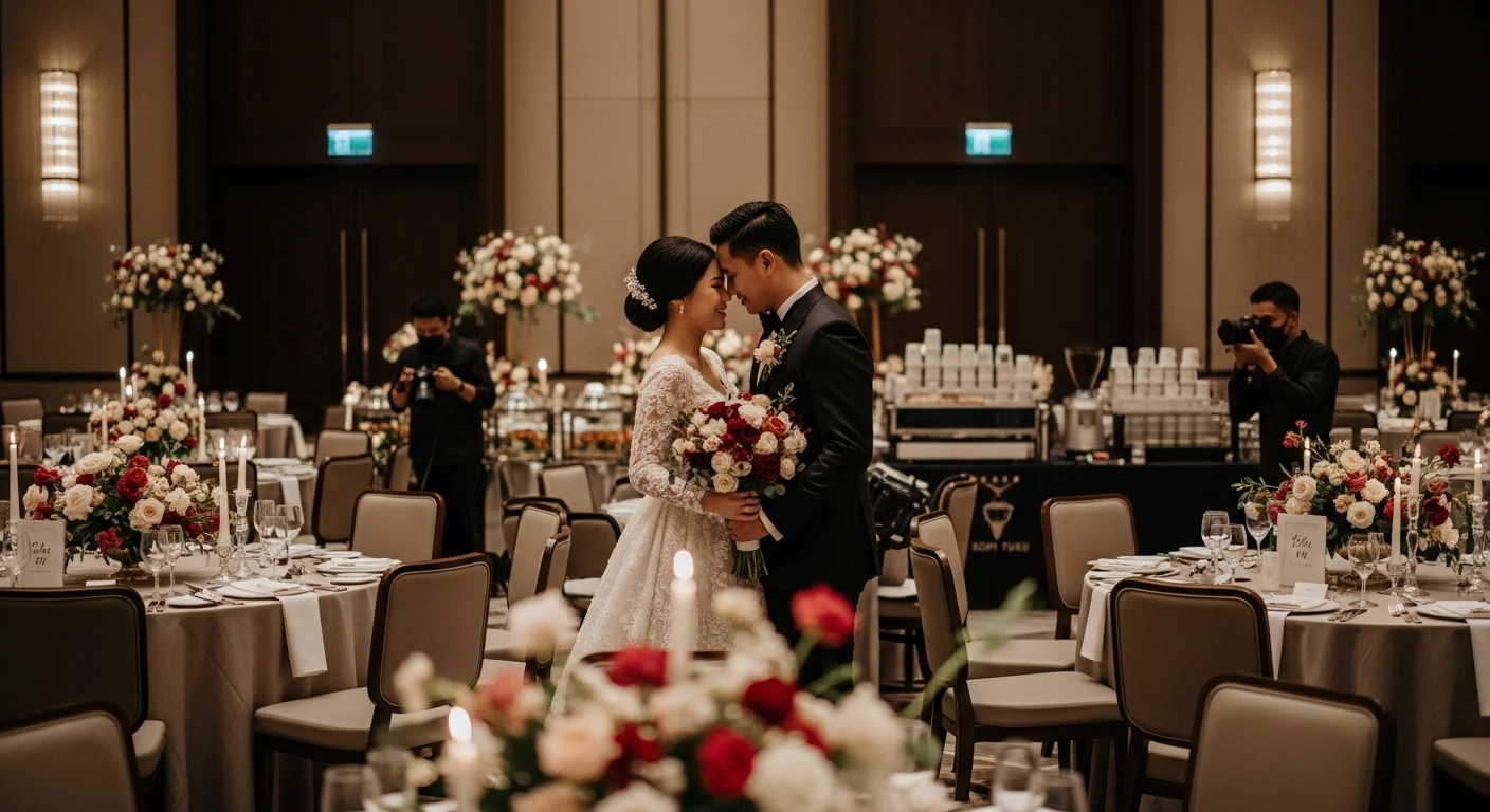 pasangan pengantin jakarta di ballroom mewah dengan dekorasi nendia primarasa (ilustrasi AI)